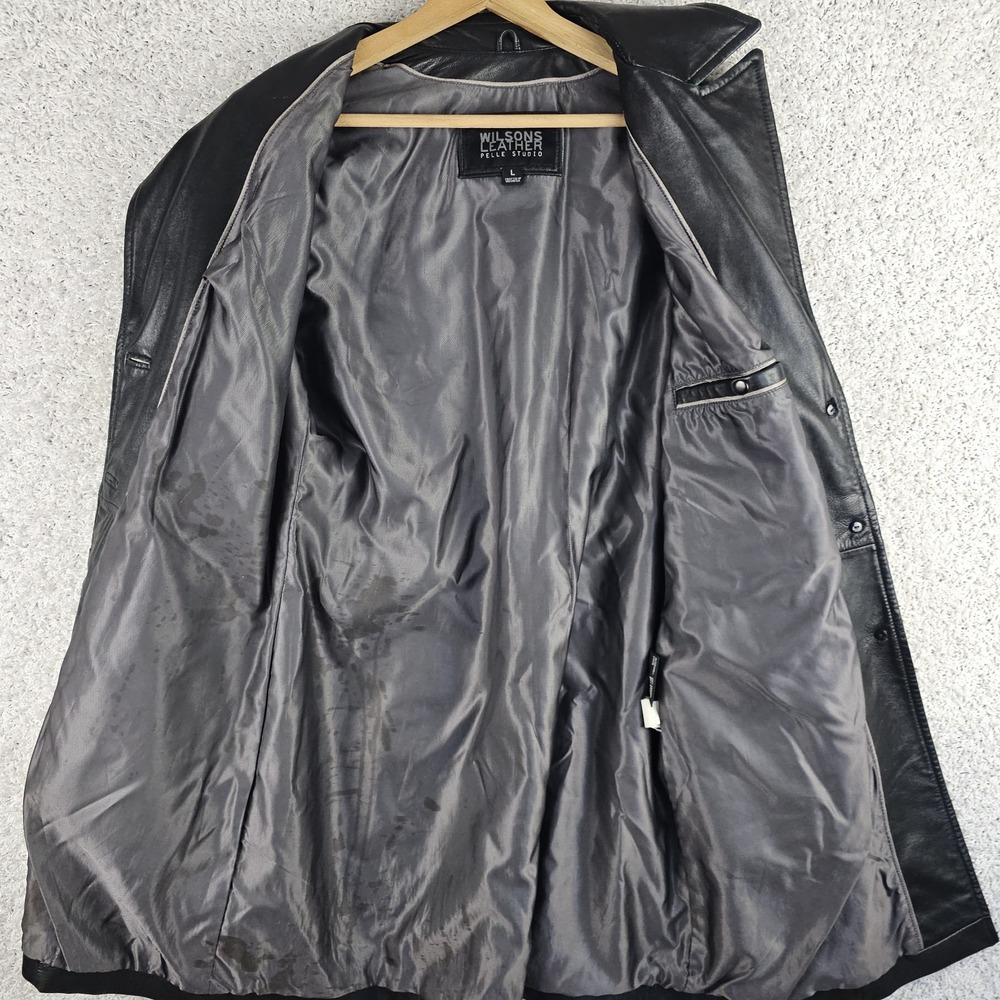 Vintage 90s Pelle Studio Wilsons Leather Beltless Trench Coat Jacket Sz Large - Picture 8 of 11